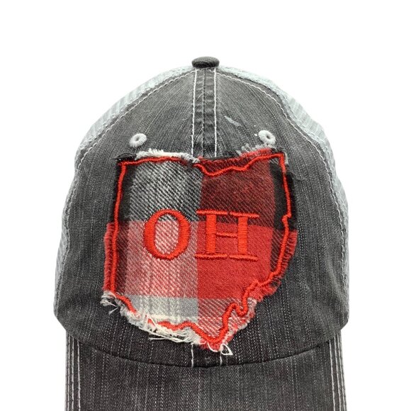 Ohio Distressed Trucker Hat Buffalo Plaid Patch Design Adjustable Mesh Back 0S - Picture 4 of 8